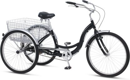 Schwinn Meridian Adult Tricycle Bike, Three Wheel Beach Cruiser, 24 & 26-Inch Wheels, Low Step-Through Aluminum Frame, Adjustable Handlebars, Large Cruiser Seat, Rear Folding Basket