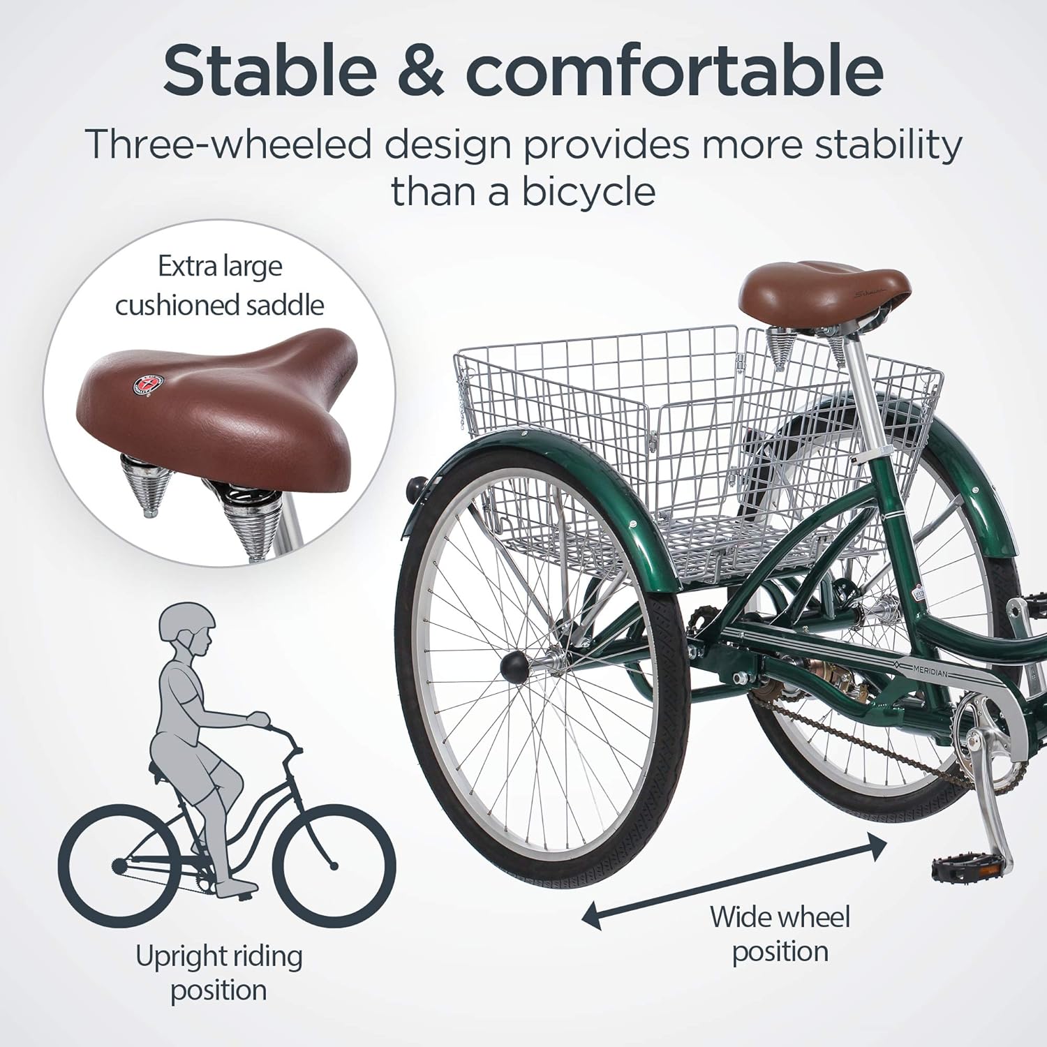 Schwinn Meridian Adult Tricycle Bike, Three Wheel Beach Cruiser, 24 & 26-Inch Wheels, Low Step-Through Aluminum Frame, Adjustable Handlebars, Large Cruiser Seat, Rear Folding Basket