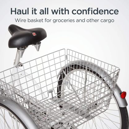 Schwinn Meridian Adult Tricycle Bike, Three Wheel Beach Cruiser, 24 & 26-Inch Wheels, Low Step-Through Aluminum Frame, Adjustable Handlebars, Large Cruiser Seat, Rear Folding Basket