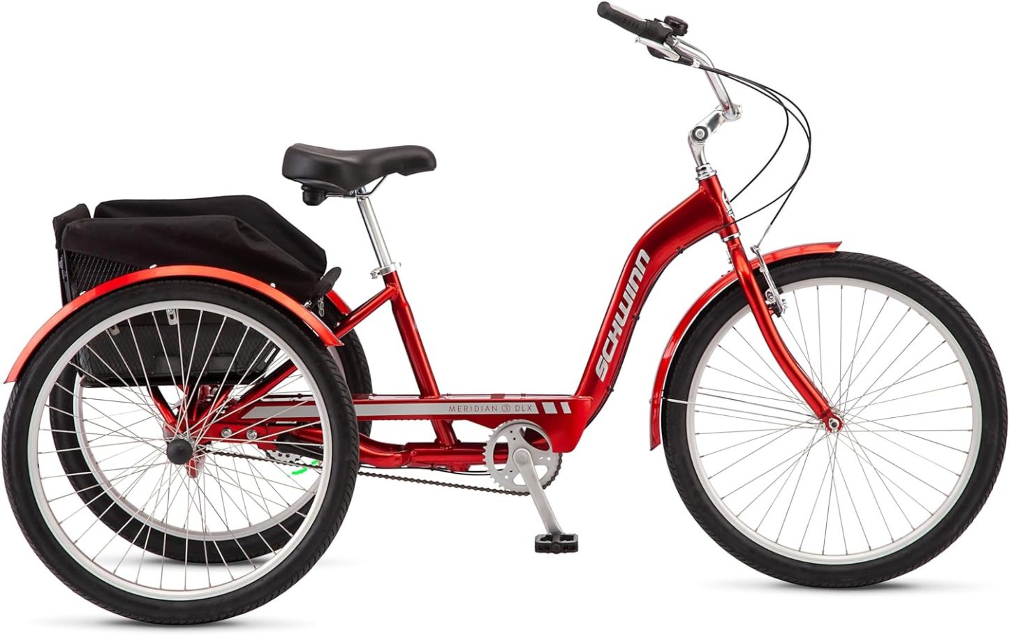 Schwinn Meridian Adult Tricycle Bike, Three Wheel Beach Cruiser, 24 & 26-Inch Wheels, Low Step-Through Aluminum Frame, Adjustable Handlebars, Large Cruiser Seat, Rear Folding Basket