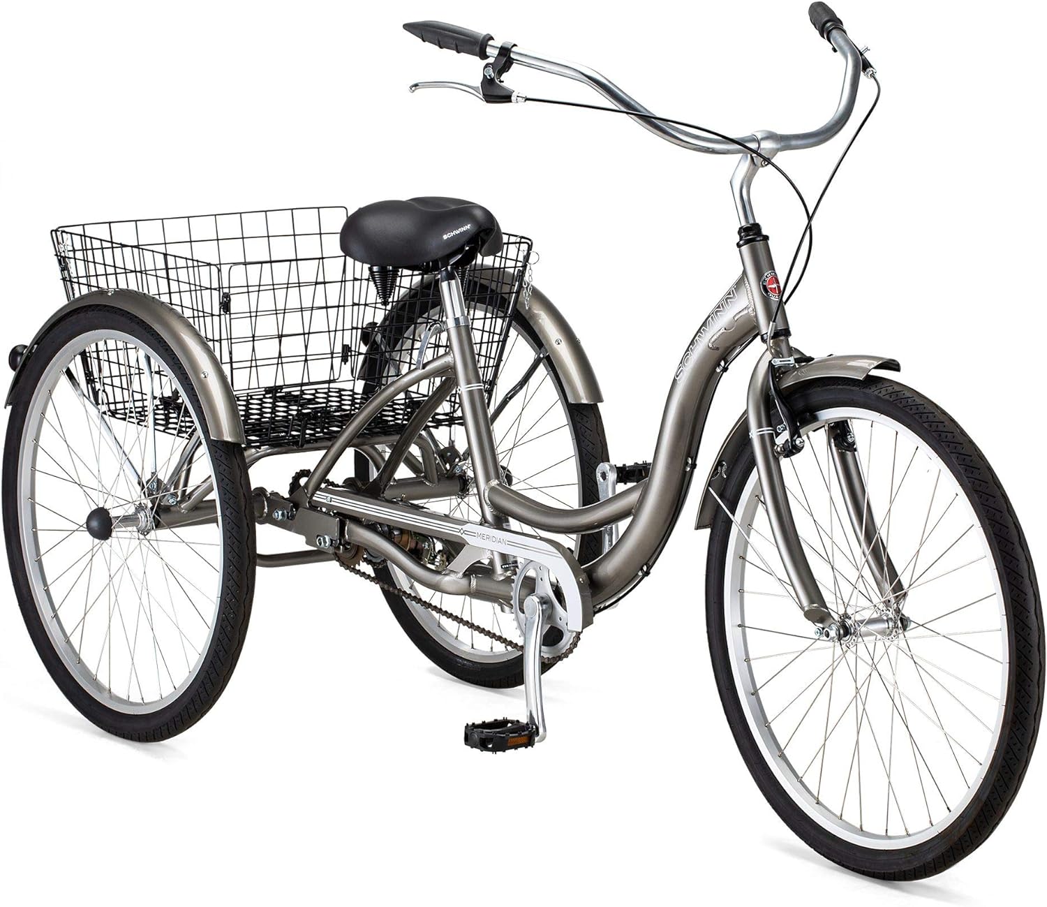 Schwinn Meridian Adult Tricycle Bike, Three Wheel Beach Cruiser, 24 & 26-Inch Wheels, Low Step-Through Aluminum Frame, Adjustable Handlebars, Large Cruiser Seat, Rear Folding Basket