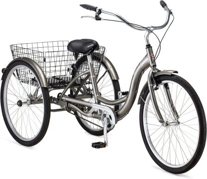Schwinn Meridian Adult Tricycle Bike, Three Wheel Beach Cruiser, 24 & 26-Inch Wheels, Low Step-Through Aluminum Frame, Adjustable Handlebars, Large Cruiser Seat, Rear Folding Basket