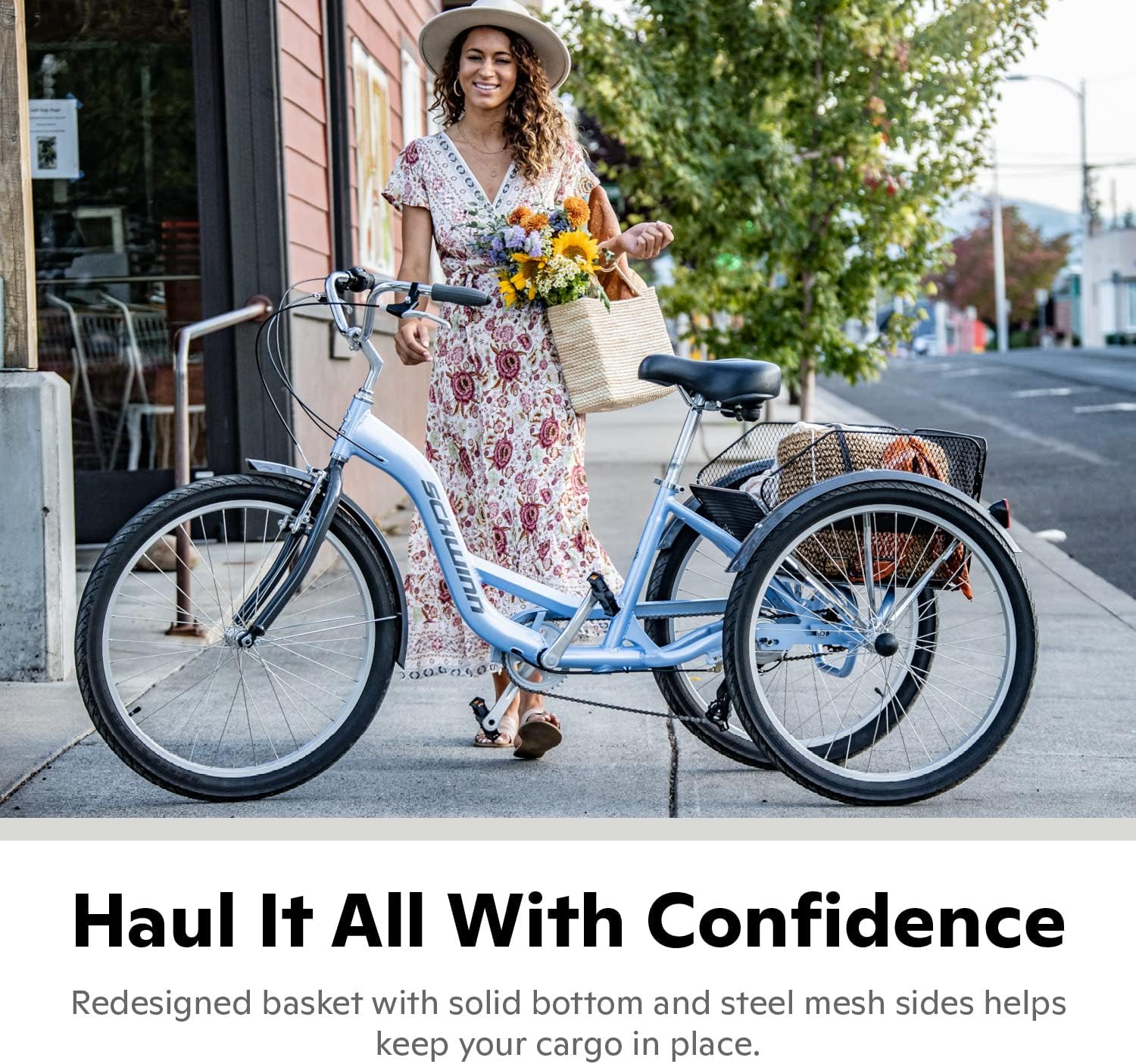 Schwinn Meridian Adult Tricycle Bike, Three Wheel Beach Cruiser, 24 & 26-Inch Wheels, Low Step-Through Aluminum Frame, Adjustable Handlebars, Large Cruiser Seat, Rear Folding Basket