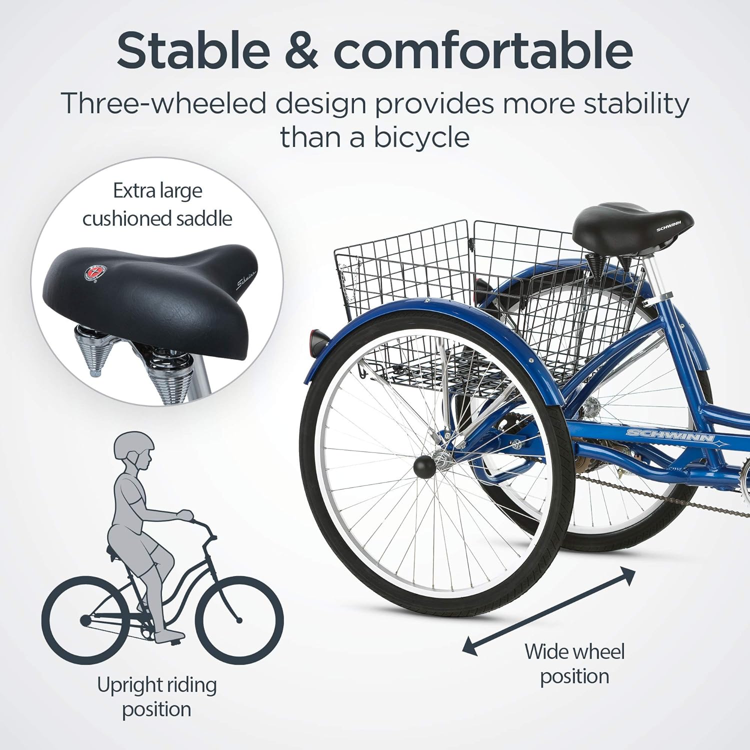 Schwinn Meridian Adult Tricycle Bike, Three Wheel Beach Cruiser, 24 & 26-Inch Wheels, Low Step-Through Aluminum Frame, Adjustable Handlebars, Large Cruiser Seat, Rear Folding Basket