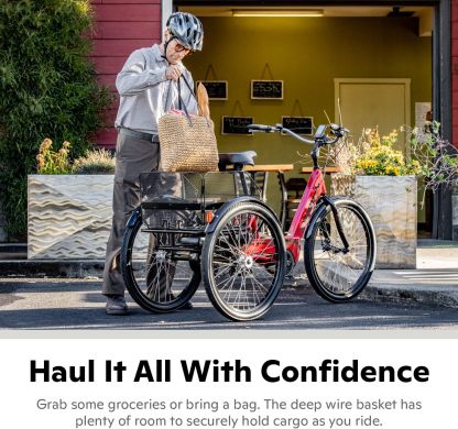 Schwinn Meridian Adult Tricycle Bike, Three Wheel Beach Cruiser, 24 & 26-Inch Wheels, Low Step-Through Aluminum Frame, Adjustable Handlebars, Large Cruiser Seat, Rear Folding Basket