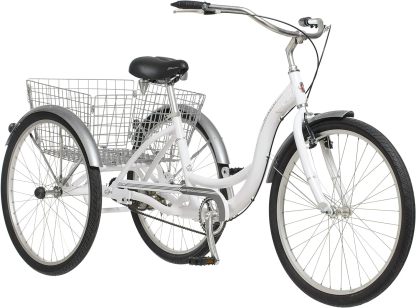 Schwinn Meridian Adult Tricycle Bike, Three Wheel Beach Cruiser, 24 & 26-Inch Wheels, Low Step-Through Aluminum Frame, Adjustable Handlebars, Large Cruiser Seat, Rear Folding Basket