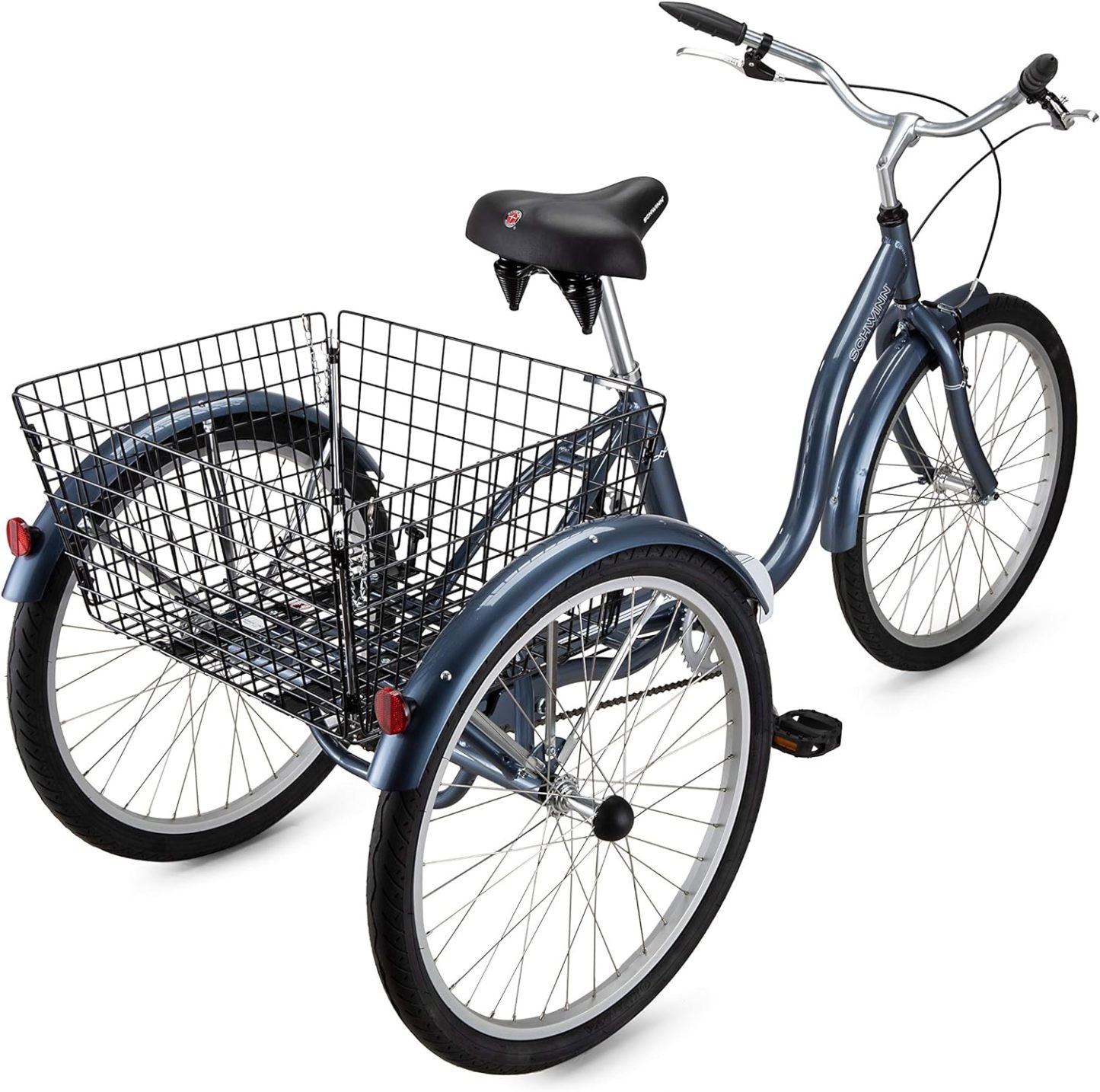 Schwinn Meridian Adult Tricycle Bike, Three Wheel Beach Cruiser, 24 & 26-Inch Wheels, Low Step-Through Aluminum Frame, Adjustable Handlebars, Large Cruiser Seat, Rear Folding Basket