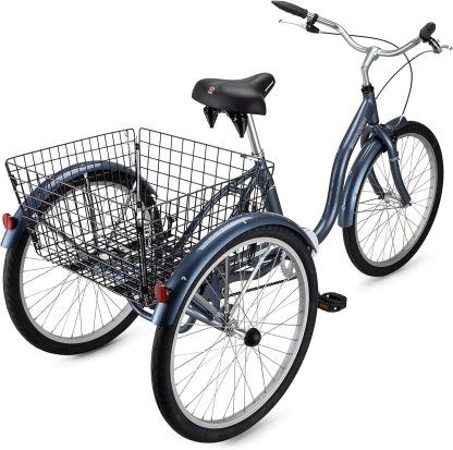 Schwinn Meridian Adult Tricycle Bike, Three Wheel Beach Cruiser, 24 & 26-Inch Wheels, Low Step-Through Aluminum Frame, Adjustable Handlebars, Large Cruiser Seat, Rear Folding Basket