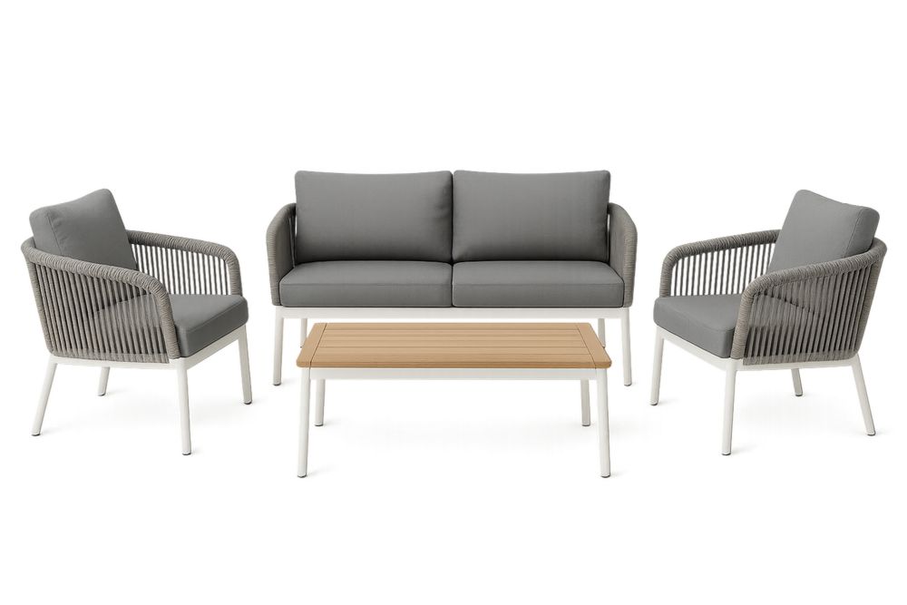 Gartenmöbel Set Aluminium Polyester Gewebe Tischplatte Akazienholz Grau 2-Sitzer Sofa 2 Sessel 1 Tisch