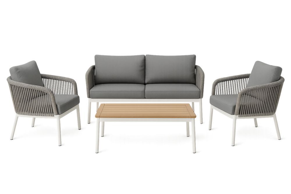Gartenmöbel Set Aluminium Polyester Gewebe Tischplatte Akazienholz Grau 2-Sitzer Sofa 2 Sessel 1 Tisch