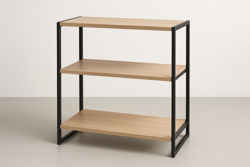 Schwarzes Metallregal mit Holzwerkstoffböden 75cm x 80cm x 35cm