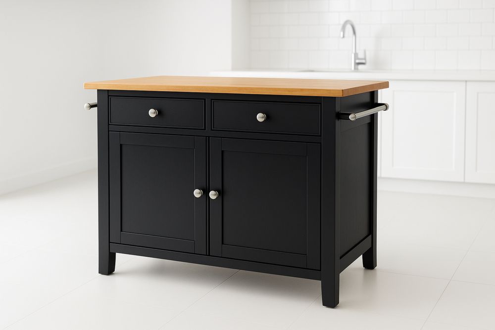 Schwarze Kücheninsel mit Holzarbeitsplatte und Stauraum