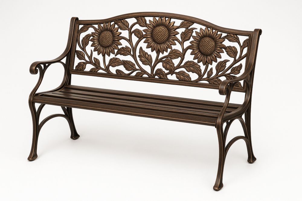 Metallbank im Sonnenblumen-Design aus Aluminium, Bronze, 127x60x85 cm