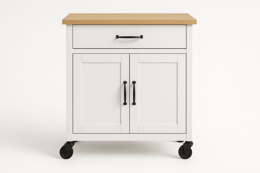 Küchenwagen mit Holzplatte und Rollen, Weiß