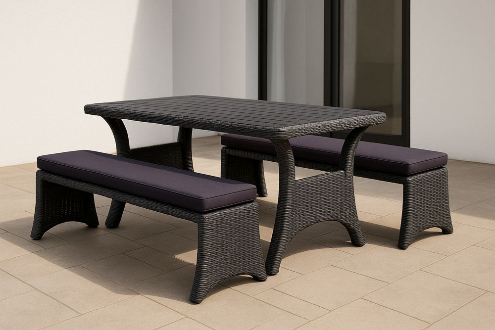 Outdoor-Gartenset Tisch und Bänke Polyethylen Rattan Anthrazit 150x90cm