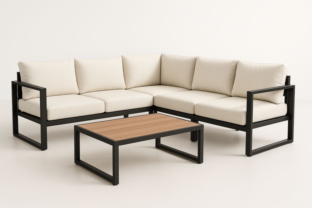 Outdoor Ecksofa Set Aluminium Polyester Beige Tisch Holzoptik 200x200x70cm