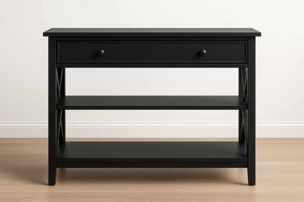 Schwarzer Konsolentisch Holz 2 Regale 1 Schublade