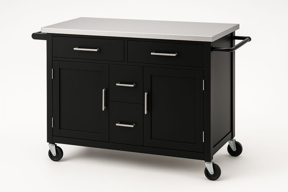 Küchenwagen Holz Edelstahl Arbeitsplatte Schwarz
