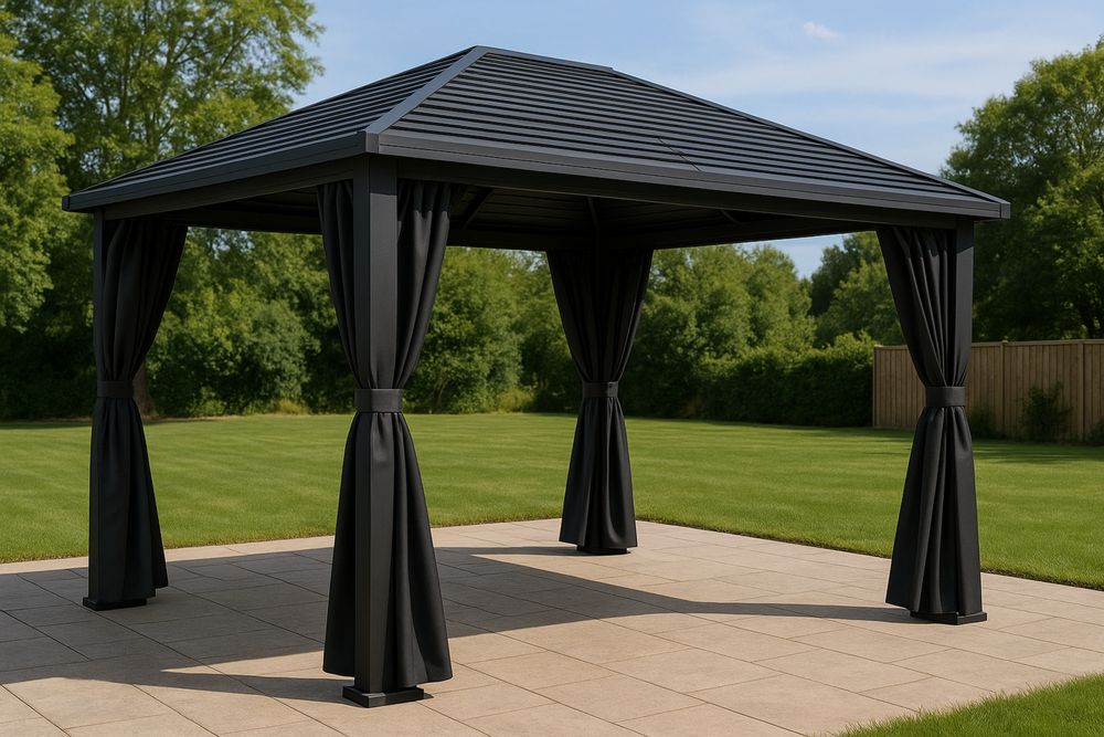 Gartenpavillon Aluminium Dunkelgrau mit Polyester Vorhängen
