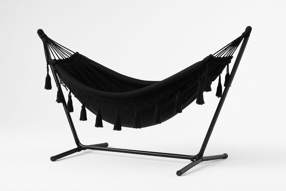 Hängematte mit Stahlgestell und Baumwolle Schwarz 200 cm