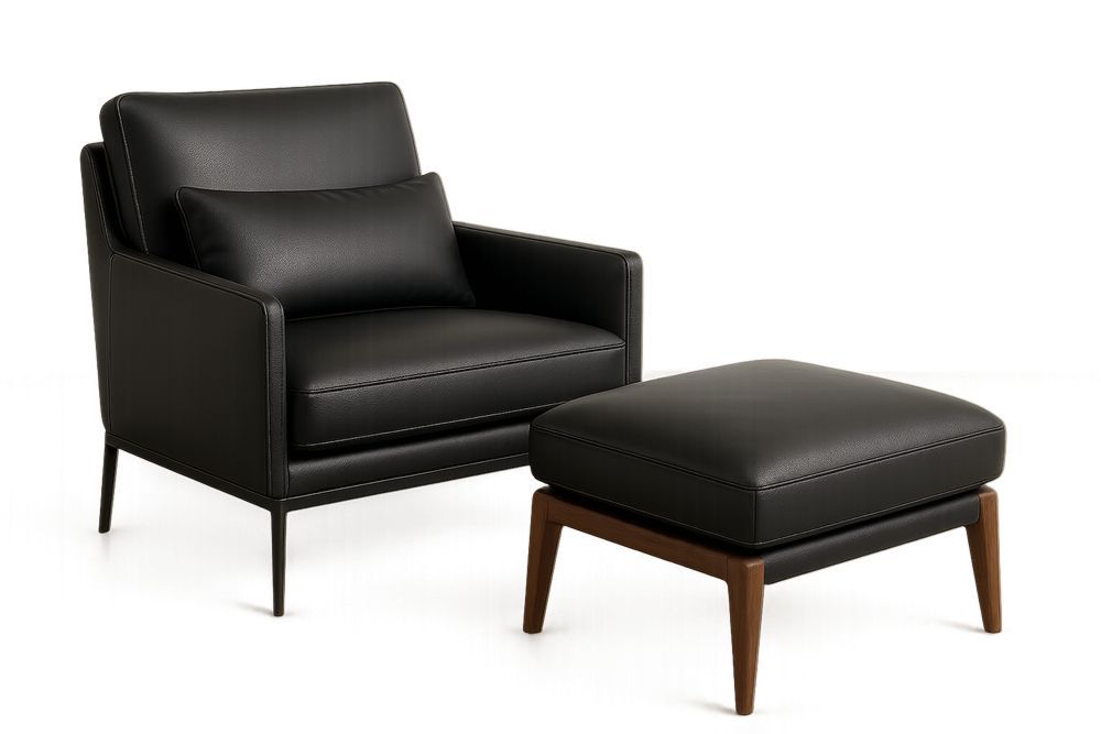 Schwarz Ledersessel mit Fußhocker Set aus Holz
