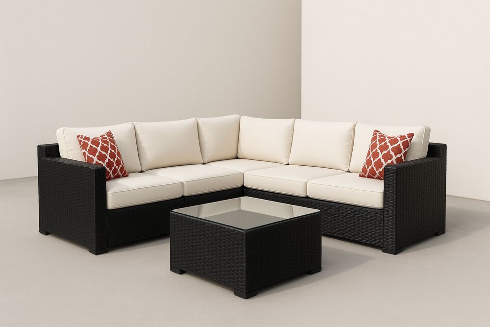 Ecksofa Set aus Rattan mit Glastisch Cremeweiß/Schwarz