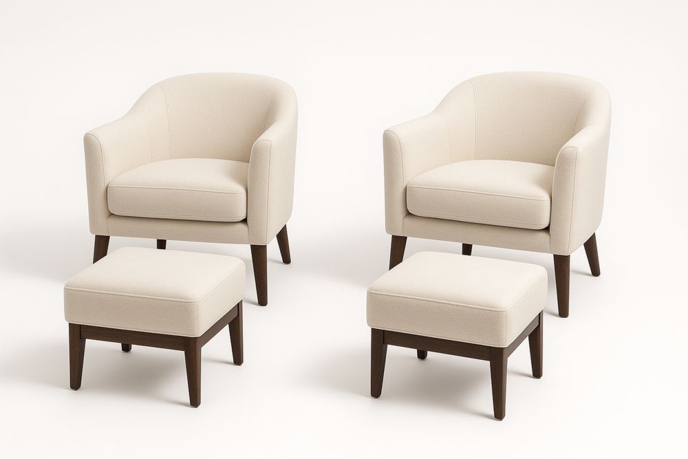 2-teiliges Set Polstersessel mit Fußhocker Creme Holzbeine