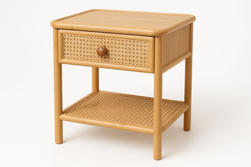 Nachttisch aus Massivholz mit Rattangeflecht 50x40x60cm