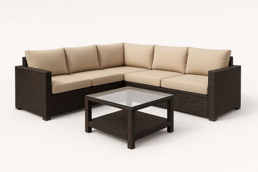 Rattan Ecksofa Set mit Glastisch Beige Dunkelbraun