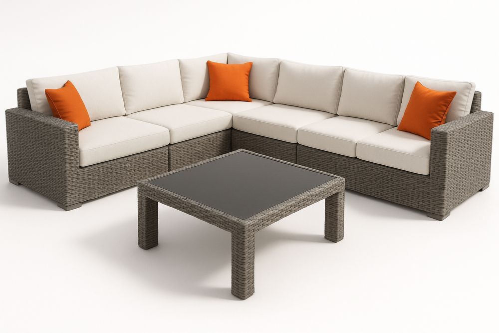 Gartenmöbel Set Ecksofa Polyrattan Creme-Orange Glasplatte