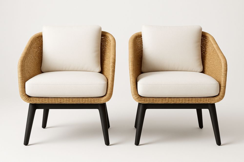 Set aus zwei Sesseln mit Holzbeinen und Rattanbezug in Natur und Beige