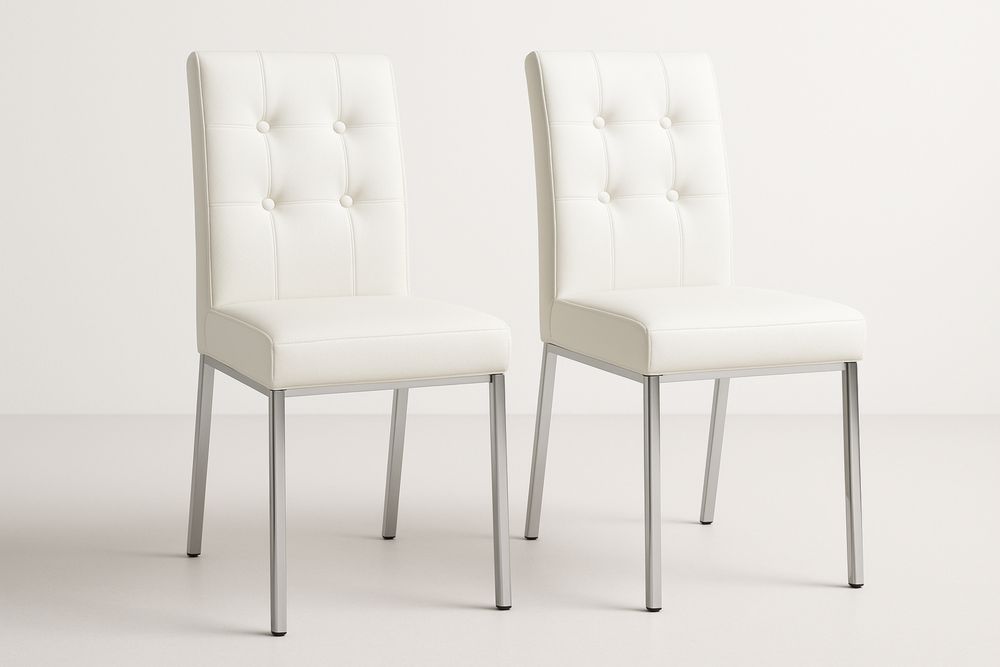 Essstuhlset mit 2 weißen PU-Ledersitzen und Metallrahmen