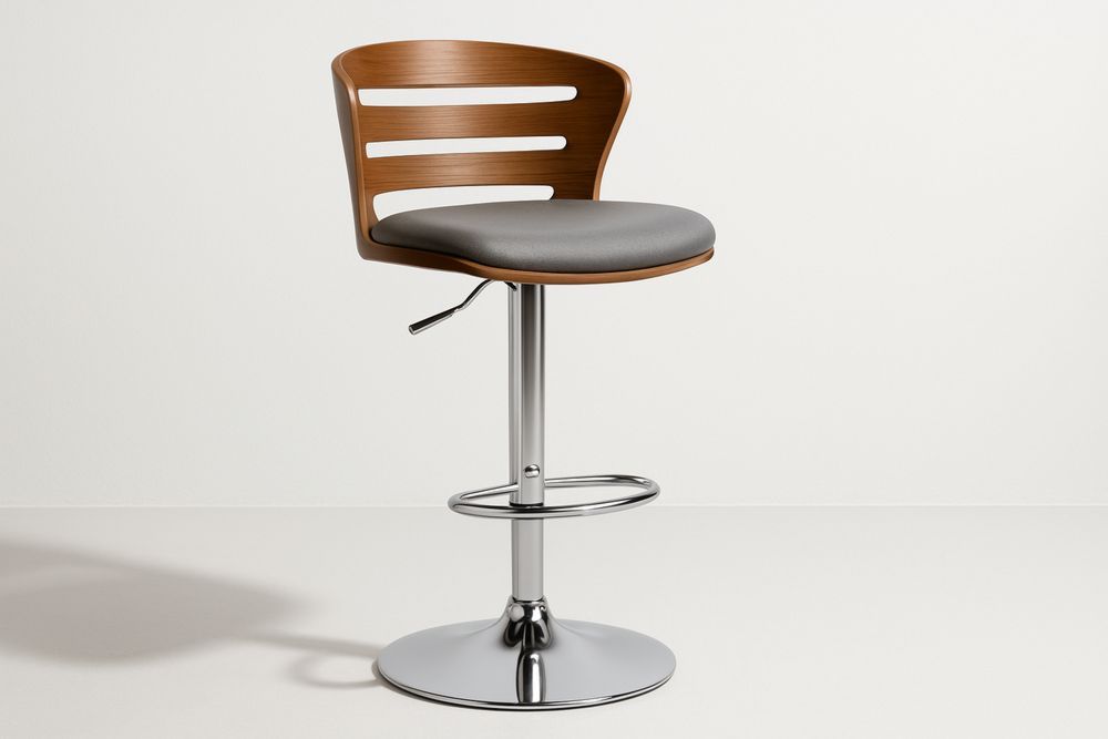 Höhenverstellbarer Barhocker mit Holzrückenlehne und grauem PU-Ledersitz