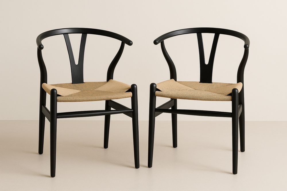 Set aus Buchenholzstühlen mit Textilgeflecht, Schwarz und Naturholz