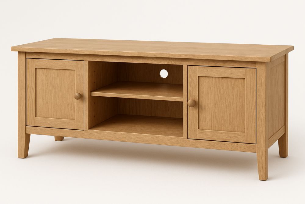 Fernsehtisch aus Eichenholz mit Doppeltüren und offenen Fächern 120cm x 40cm x 50cm