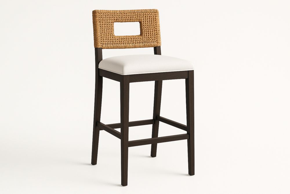 Barhocker Holzrahmen Weißes Sitzpolster Rattangeflecht Rückenlehne Natur