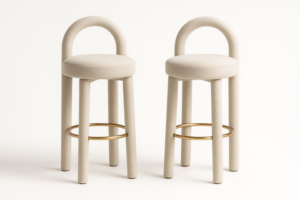 Barhocker Set aus Metall und Polyester, beige mit goldener Fußstütze, Polsterhöhe 75 cm