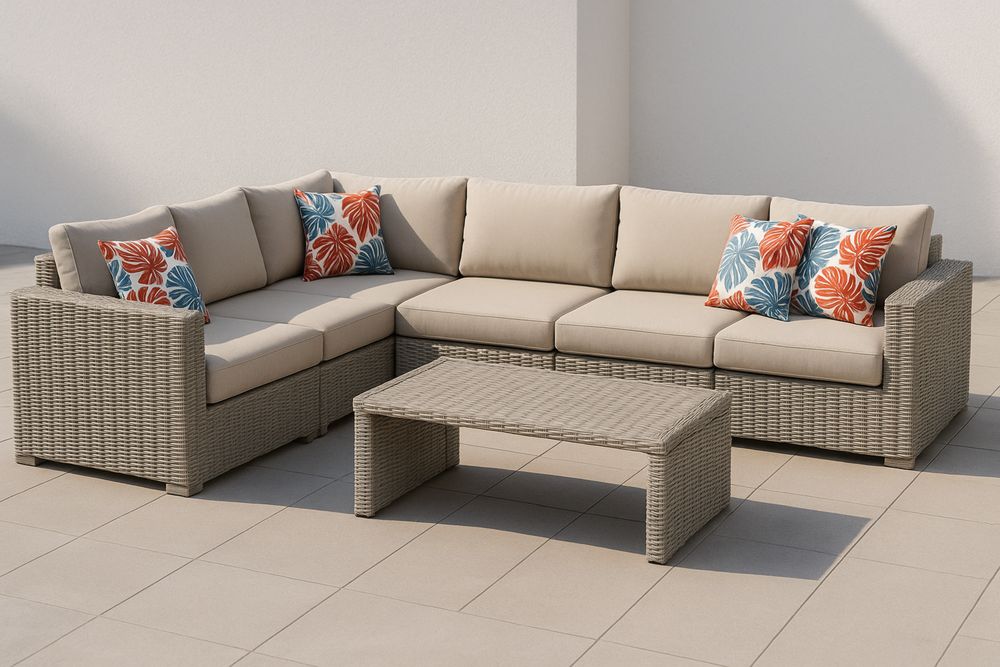 Polyrattan Garten Lounge Set mit 5-teiligem Ecksofa und Kaffeetisch Beige