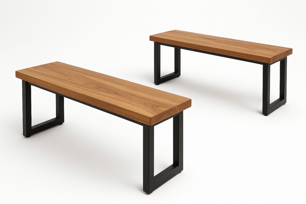 Holzbank Set Massivholz Metallrahmen Braun/Schwarz