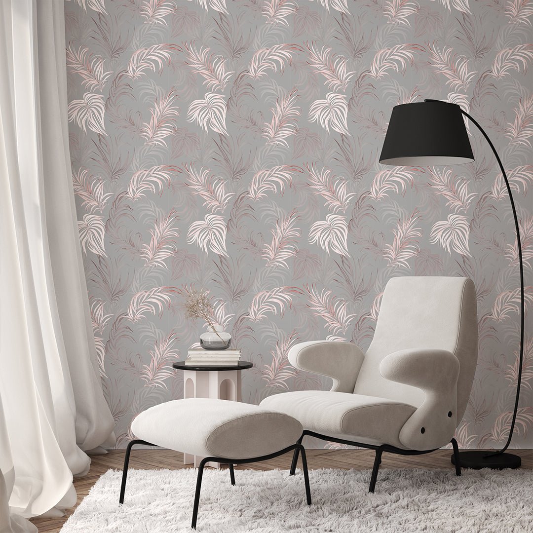 Papier peint à feuilles de palmier grises et roses