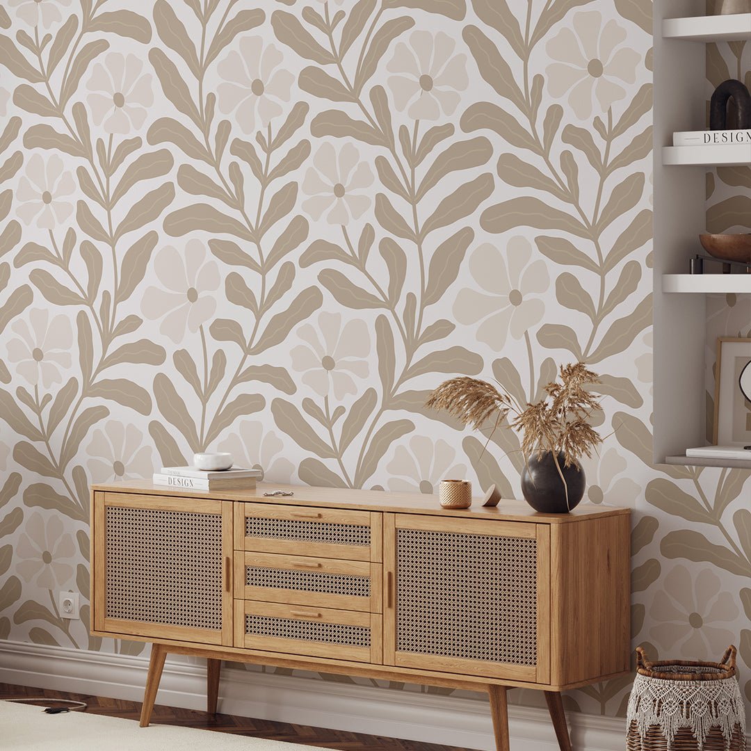 Papier peint floral beige botanique