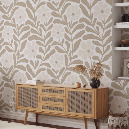 Papier peint floral beige botanique