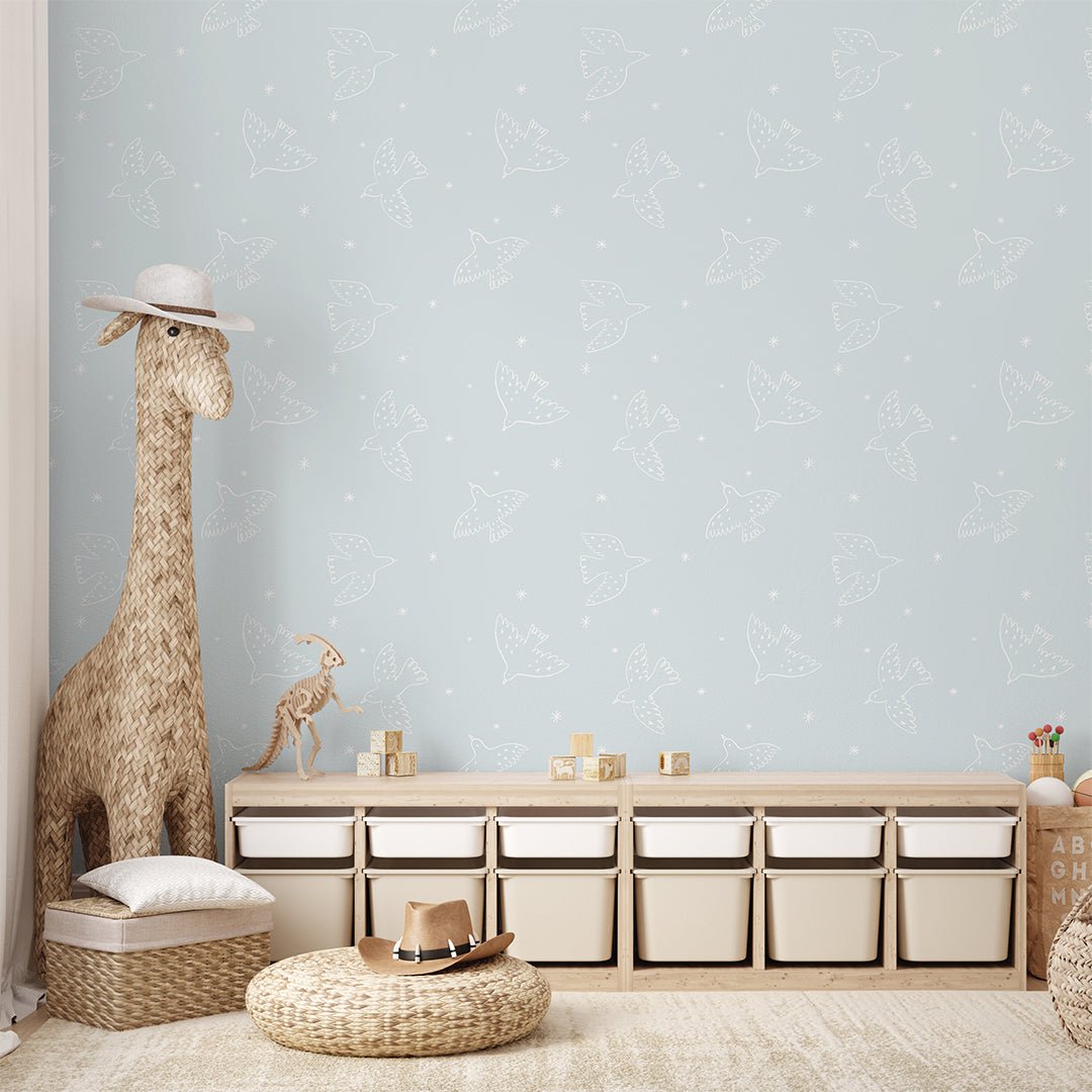 Papier peint oiseaux bleu clair et blancs