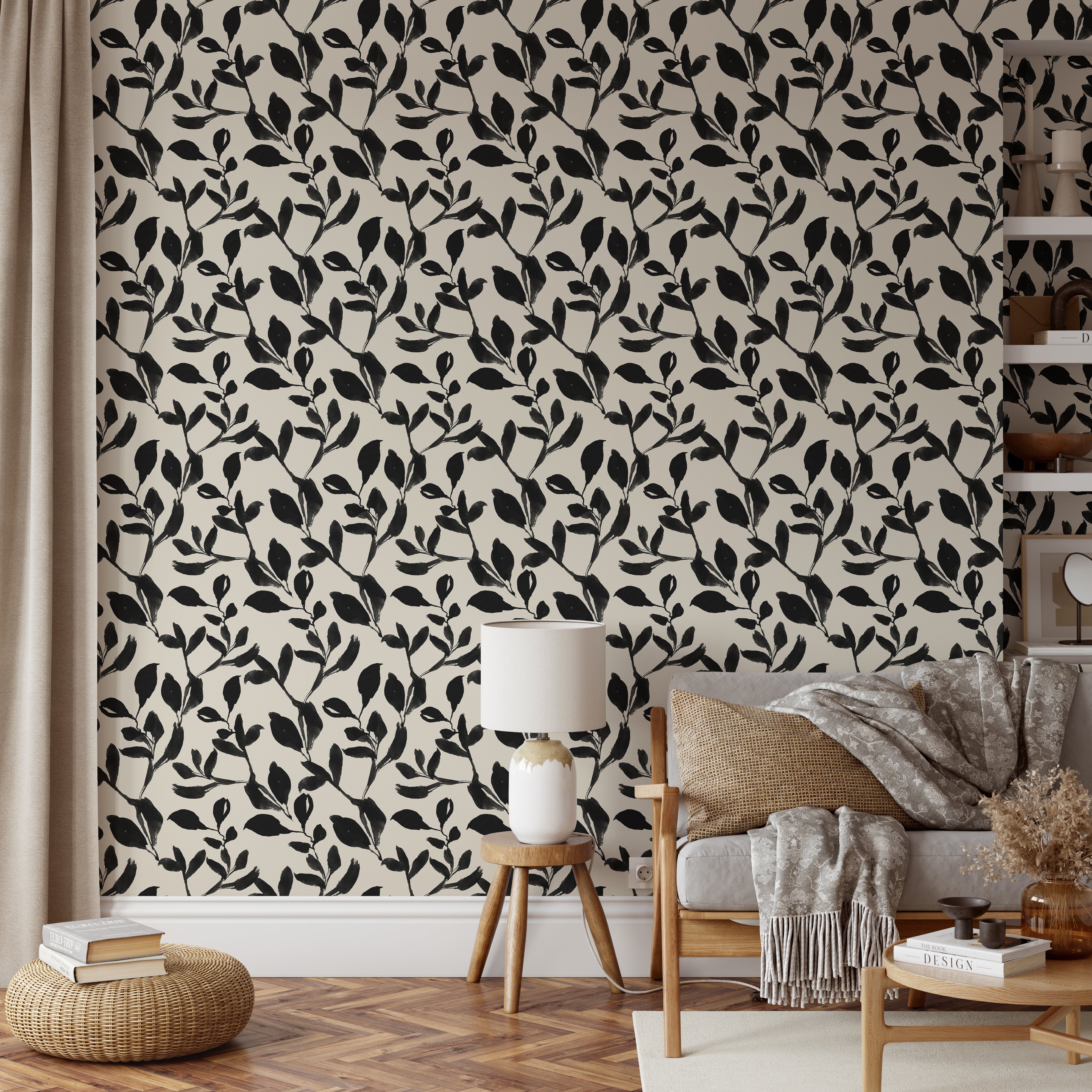 Papier peint en fibre végétale à motif floral beige et noir