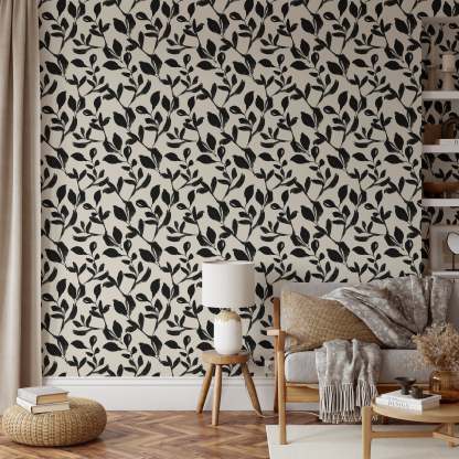 Papier peint en fibre végétale à motif floral beige et noir