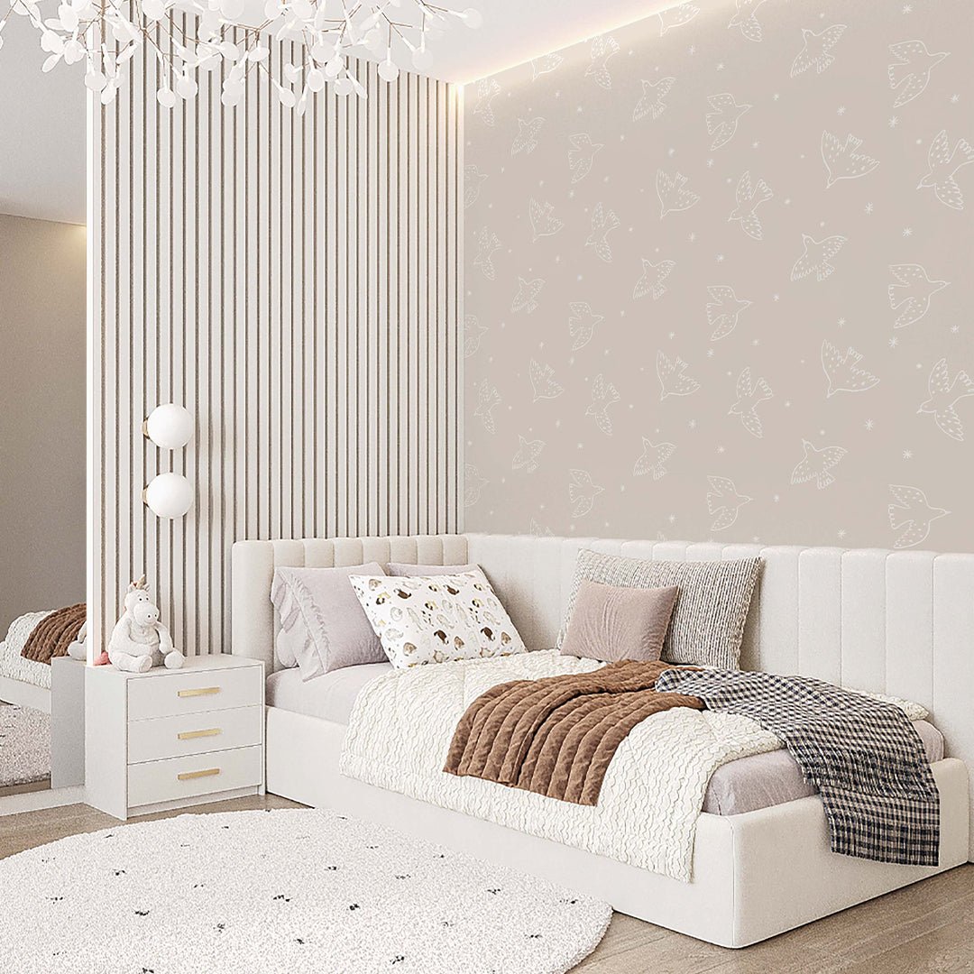 Papier peint oiseaux blanc cassé