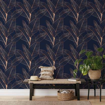Papier peint à feuilles de bananier bleu foncé
