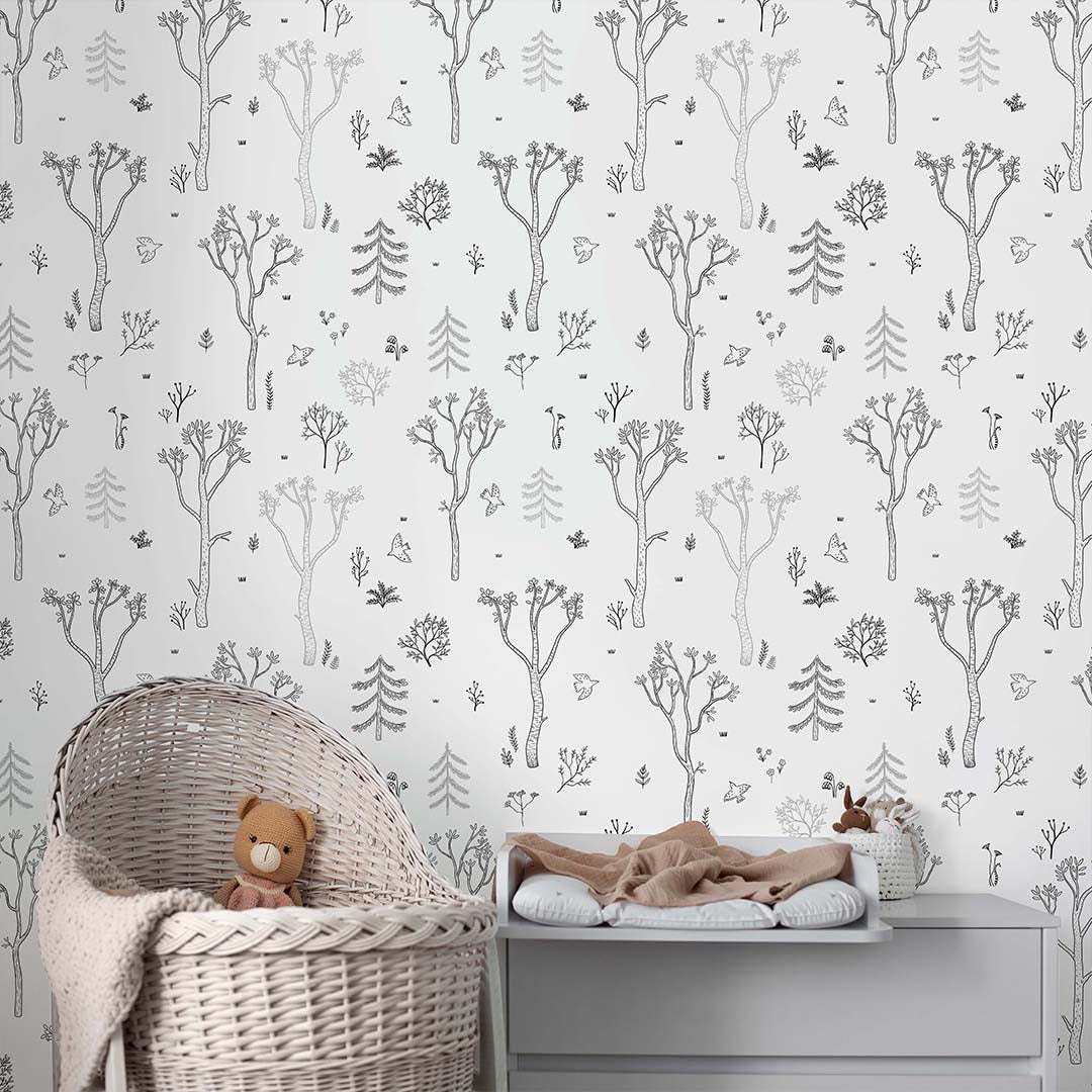 Papier peint forêt d'arbres noir et blanc