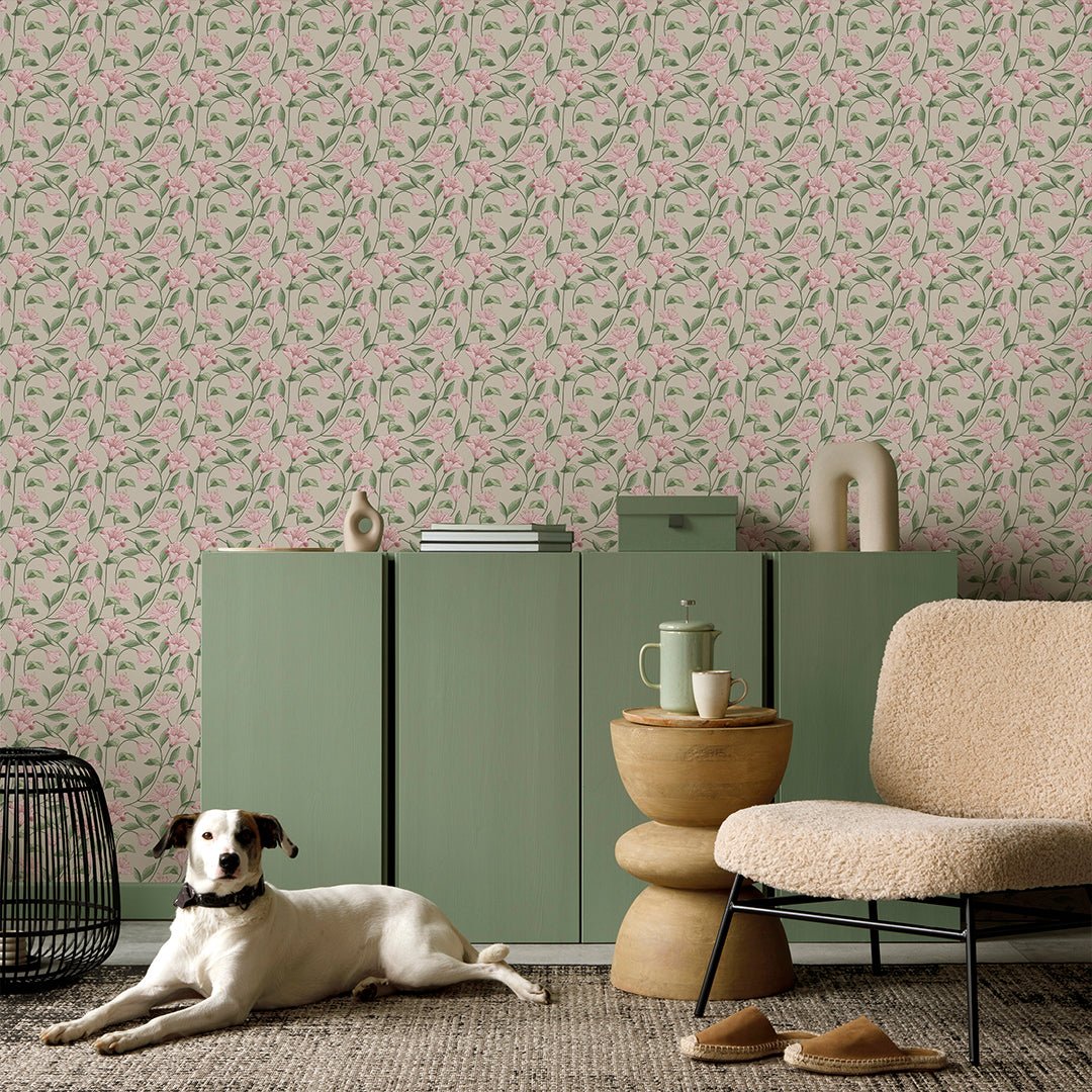 Papier peint campanule beige et rose