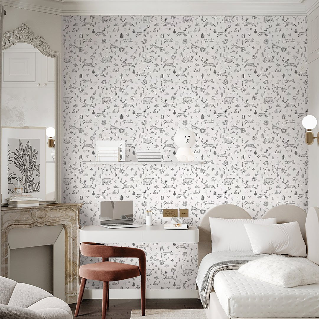 Papier peint animaux de la forêt en noir et blanc